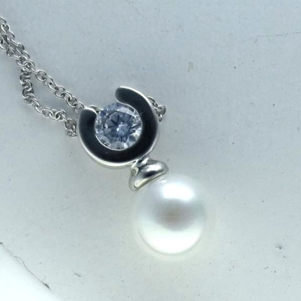 Silver Crescent Moon Pendant Necklace With White Pearl & Clear Crystal On Chain